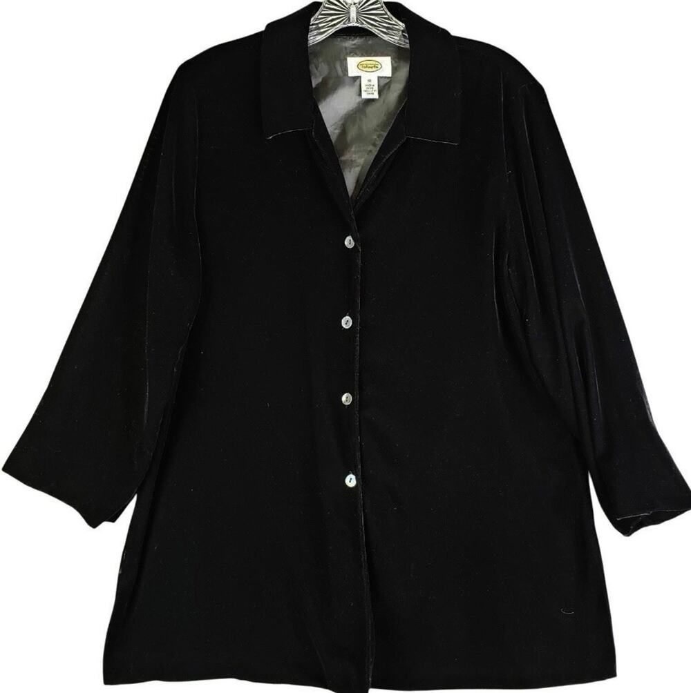 Talbots Shirt Women’s Button Up Size 12 Large L Black Crushed Velvet Long Sleeve